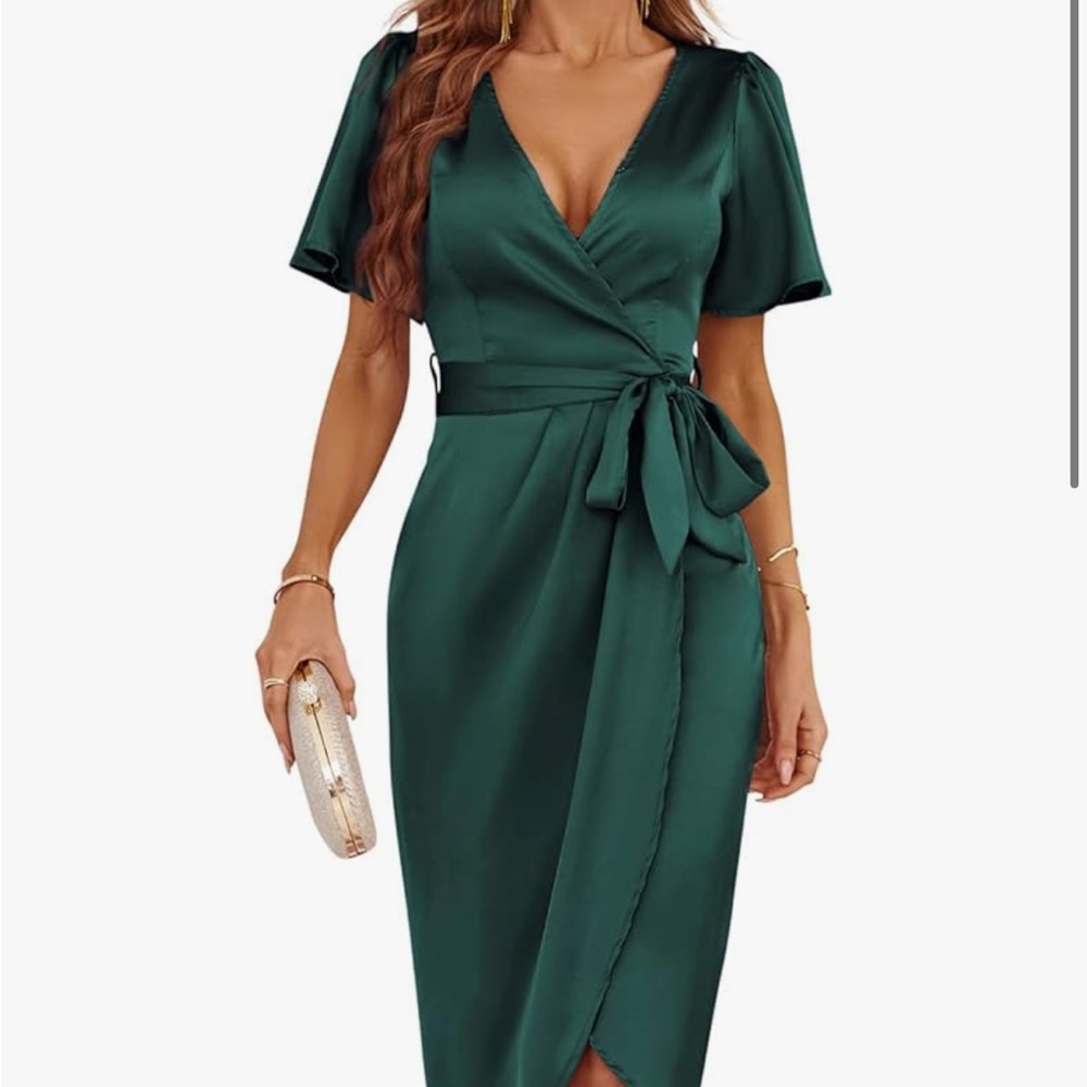 Elegant Deep Green Satin Wrap Midi Dress with Tie Waist